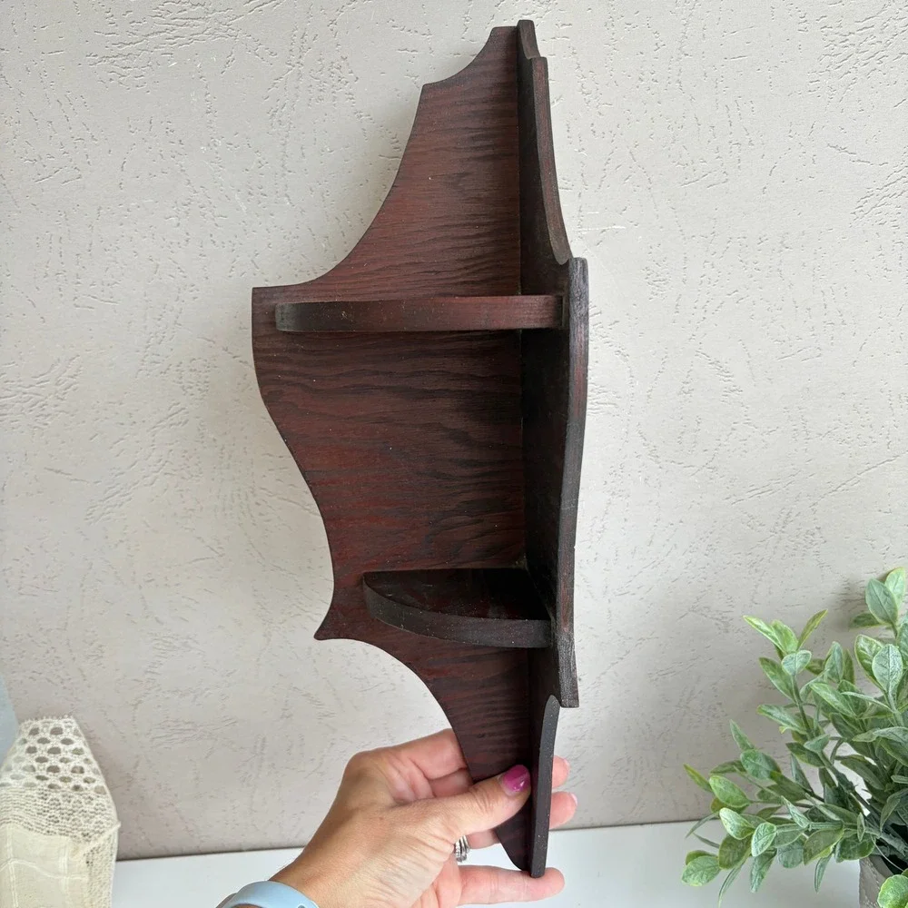 Vintage Wooden Corner Wall Shelf 2 Tier Scalloped Dark Wood Display 15.5in